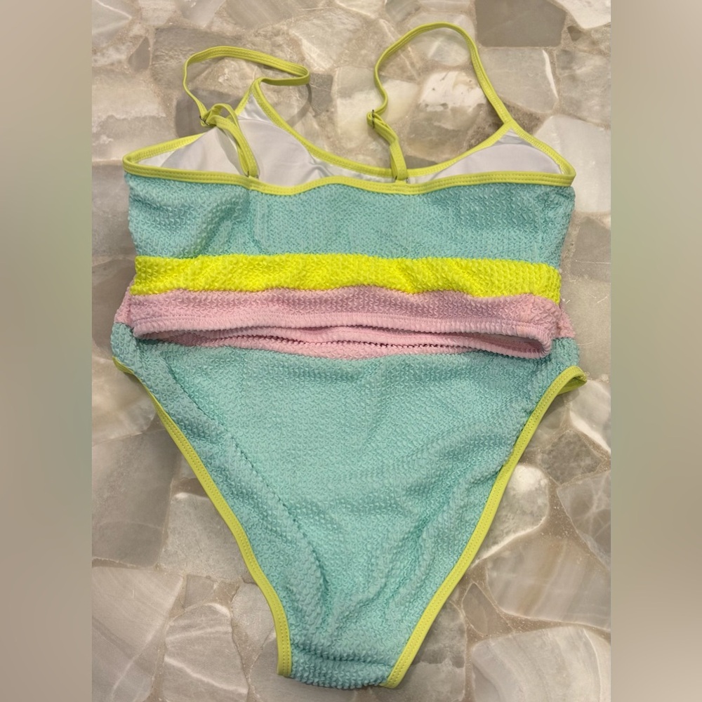 NWOT Women’s Colorblock High-Waist Bikini Set - Pastel Pink, Light Blue & Lime - Picture 4 of 4